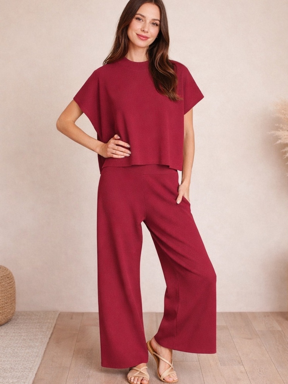 NEW Zenana Cabernet Red Ribbed Knit Matching Lounge Set Top & High Rise Pants